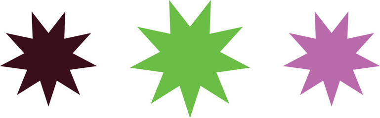Obraz premium Colorful abstract star shapes in purple, green, and burgundy, arranged in a row, showcasing a modern design for creative projects, graphic designs, and digital artwork.
