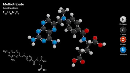 Methotrexate molecule. Chemotherapy drug. Molecular structure. Formula: C20H22N8O5. Chemical model: Ball and stick. Black background. 3D illustration.