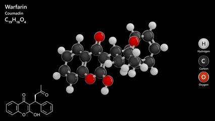 Warfarin molecule. Molecular structure. Formula: C19H16O4. Chemical model: Ball and stick. Black background. 3D illustration.