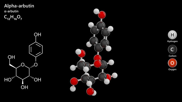 Alpha-Arbutin molecule. Molecular structure. Formula: C12H16O7. Chemical model: Ball and stick. Black background. 3D illustration.