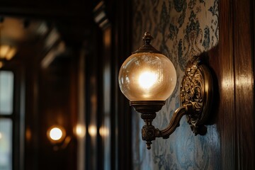 Vintage wall sconce illuminating ornate victorian interior with warm glow