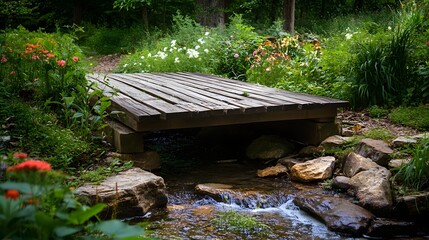 Wooden Footbridge Over Stream: A rustic wooden footbridge spans a gently flowing stream, nestled amidst a vibrant garden brimming with lush greenery and colorful flowers.