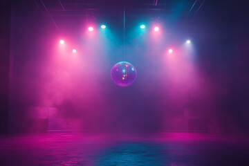 Disco ball hanging in a smoky purple and blue room ready for a party