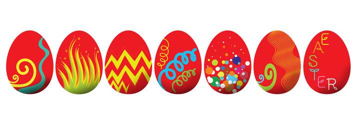 Colorful Easter Eggs Set with Transparent Background. A set of 7 red Easter eggs with decorative patterns, ideal for holiday decorations, posters, greeting cards, or digital designs.