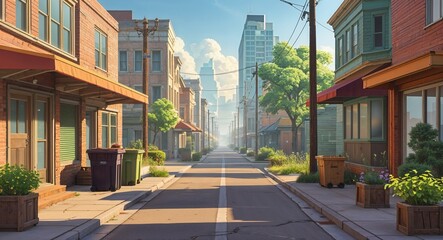 quiet morning in urban neighborhood 3d render scene video game concept background illustration digital artwork