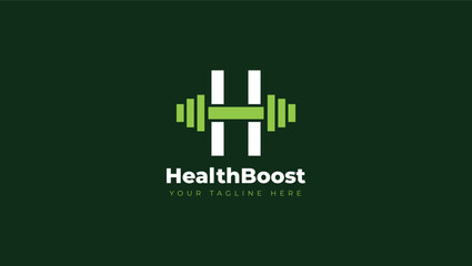 H letter GYM logo design, Health boost, Weight lifting, Dumbbell