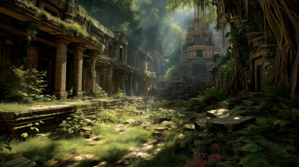Ancient stone temple ruins with massive tree roots emerging from misty jungle in early morning light