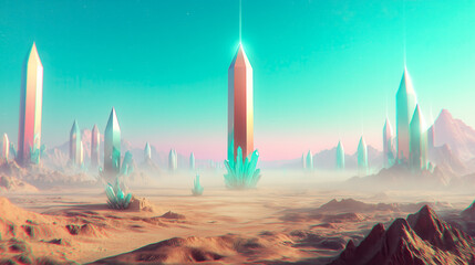Giant turquoise crystal formations rising from desert landscape with pastel teal sky and light beams
