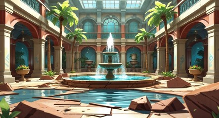 Obraz premium water fountain atrium broken floor 3d render scene video game concept background illustration digital artwork