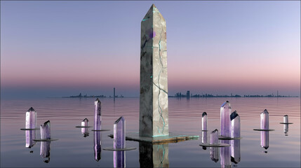 Futuristic stone obelisk and purple crystal formations in calm water with distant city skyline