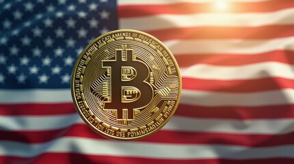 Bitcoin Coin on American Flag Background