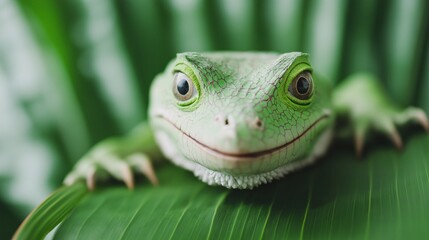 Fototapeta premium Close up of a Green Lizard Resting on Lush Tropical Foliage