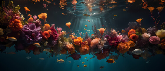 Underwater floral arrangement with vibrant colors and goldfish swimming in clear water during daylight hours Generative AI