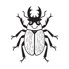 A black and white illustration of a smiling friendly stag beetle.