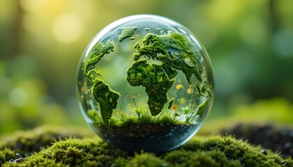 Sustainability. Crystal globe glass on green moss in forest to protect nature Save and care World for sustainable. concept of the environment ecology and Earth Day.