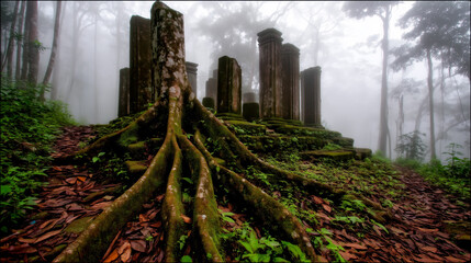 Moss-covered ancient stone ruins in misty forest with exposed tree roots and fallen leaves