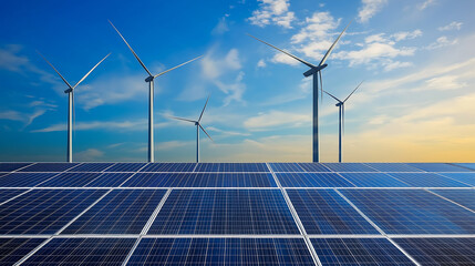 Wind turbines and solar panels clean energy renewable power generation