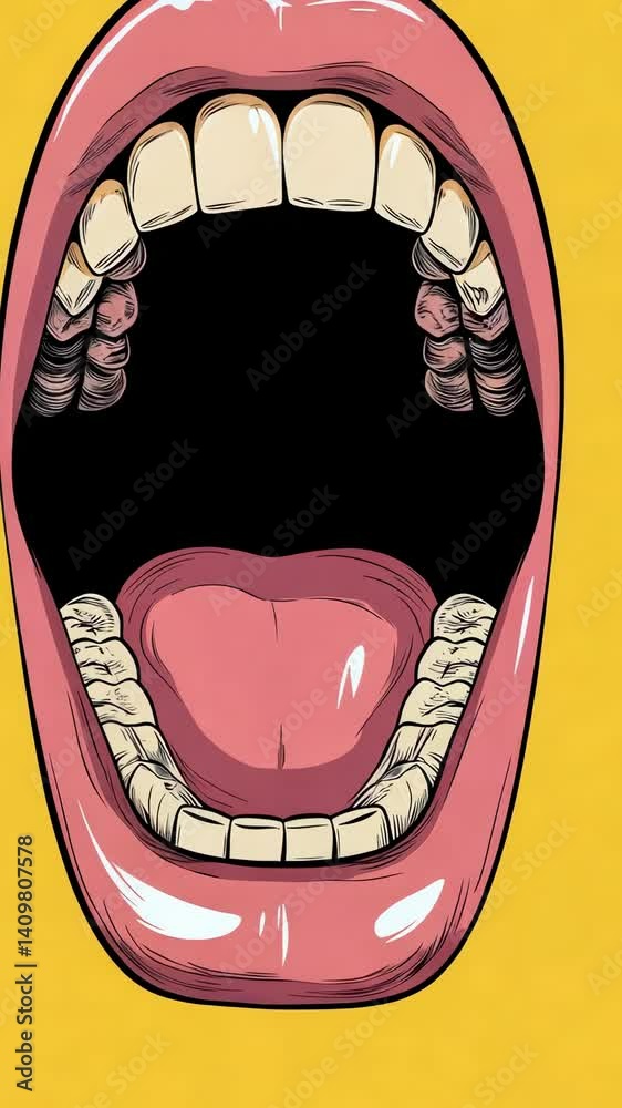 Poster wide open mouth with glossy lips, white teeth and pink tongue is shouting or singing against a vibra