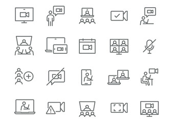 Editable Vector Line Icons Set on Video Conferencing and Online Communication. Includes icons for video calls, meetings, connections, and interactions, ready for use.
