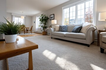 Fototapeta premium A minimalist living room designed for comfort with soft textures and natural light, offering a serene atmosphere through a soft color palette and stylish furniture.