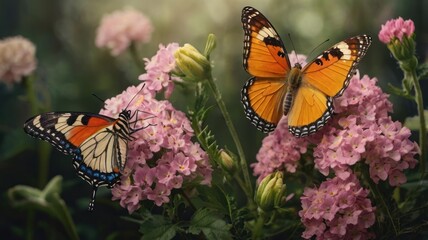 Obraz premium Two butterflies on pink flowers, nature, outdoors, still life, beauty