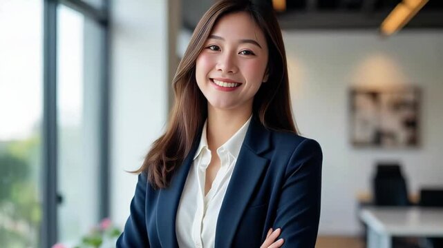 Portrait of smiling Asian businesswoman intern in professional attire with confidence