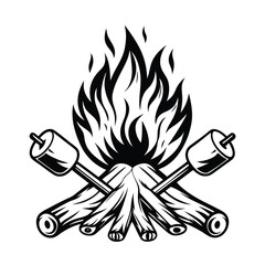 Black and White Firewood Bonfire Flames with Marshmallows Isolated