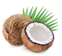 Coconut fruit, half of coconut and green leaves on white background. File contains clipping paths.