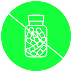 Fototapeta premium No pill bottle icon in green circle with white outline and diagonal slash symbolizing medication restriction or anti-drug zone, transparent background.