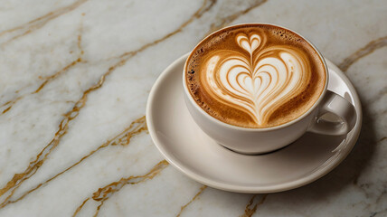 하트 모양의 정교한 라떼 아트가 있는 카푸치노를 대리석 조리대 위에 올려놓고 위에서 내려다보는 모습(Top view of a cappuccino with elaborate heart-shaped latte art on a marble countertop)