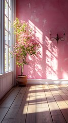 Bright Room Phone Wallpaper   Pink Wall & Sunlight with Flowering Plant | Vertical HD Mobile Background

