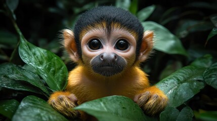 Fototapeta premium Cute baby monkey in lush foliage
