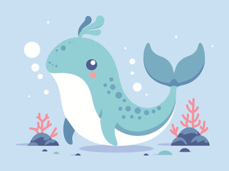 Adorable Cartoon Whale Swimming Underwater with Coral and Bubbles Illustration