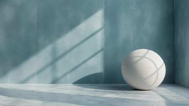 Minimalist interior scene video, sunlight casting shadows in blue plaster room with ball. Architectural and relaxation concept footage, meditation practice backdrop.