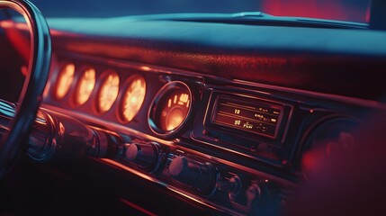Obraz premium Classic Car Dashboard: The interior of a classic car is seen. Illuminated gauges and controls create an evocative atmosphere. Capturing the essence of vintage design and the thrill of the road.