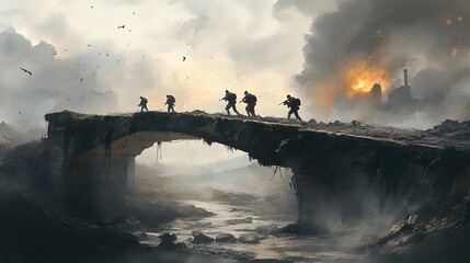 Soldiers March Across the Bridge: A band of soldiers traverses a weathered stone bridge amidst a landscape of war-torn desolation, embodying resilience. 