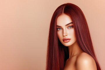 Naklejka premium Portrait of beautiful young woman with shiny red freshly dyed hair on plain beige background with copy space. Concept of hair care, beauty trends, and professional hair coloring.