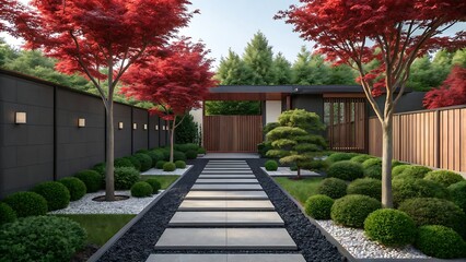 Fototapeta premium Modern Zen garden design with red maple trees and stone pathway.