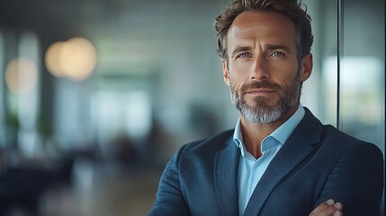 Fototapeta premium Portrait of a confident businessman in a suit with arms crossed standing in a modern office space