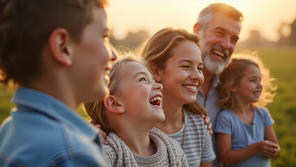 Obraz premium Memorial Day Family Gathering: Joyful Intergenerational Interactions, Smiles, and Reflective Moments of Unity and Remembrance in High-Resolution Photo Stock Imagery