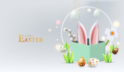 Easter spring banner with eggs, catkins, bunny ears in box and flower. Holiday 3d card design. Happy Easter vector.