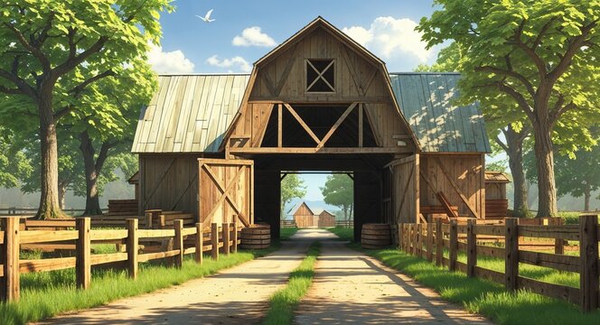 large barn inside wooden fence 3d render scene video game concept background illustration digital artwork