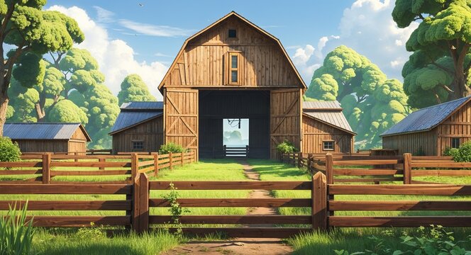 large barn inside wooden fence 3d render scene video game concept background illustration digital artwork