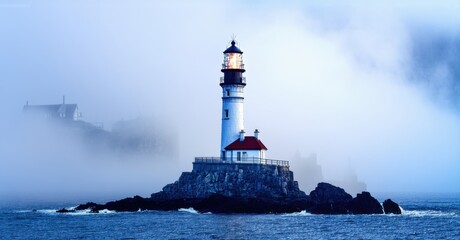 Obraz premium Fog covered lighthouse standing tall on rocky coast deep navy and bright silver symbolizing resilience and guidance