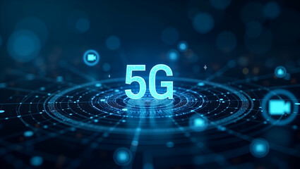 Fototapeta premium Futuristic 5G and AI Synergy: Dynamic Digital Interfaces in Technology Stock Photo with Empty Space for Text