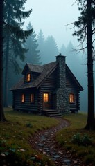 Old wooden cabin in misty forest, fir trees, stone fireplace,  stone,  forest