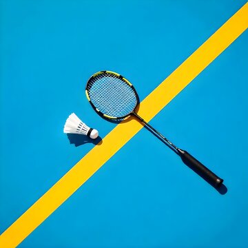 On a vibrant blue badminton court, a badminton racket with a black handle and yellow frame lies alongside two white shuttlecocks. A bold yellow court line diagonally cuts through the composition, 