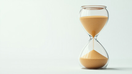 Classic hourglass with golden sand flowing against a plain background  
