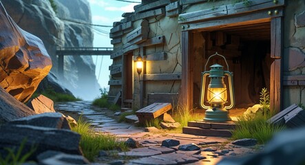 Fototapeta premium abandoned mine dim lantern light 3d render scene video game concept background illustration digital artwork