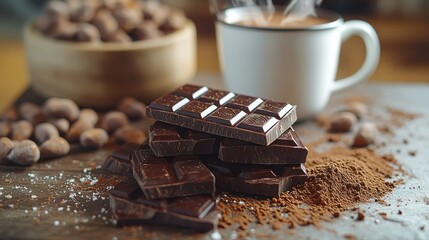 Dark chocolate bars with cocoa powder and nuts